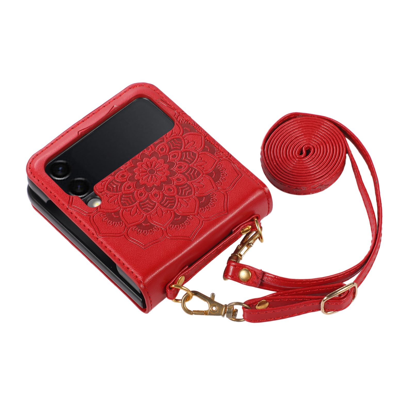 Samsung Z Flip 5 Embossed Flower Case With Long Strap