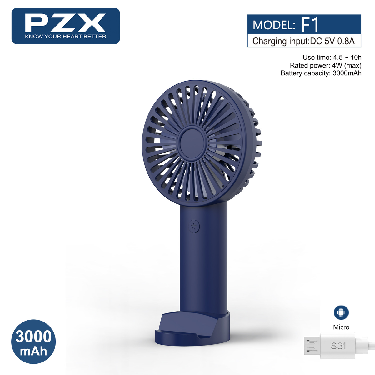 PZX Portable Handheld Fan 3000mAH Strong Endurance F1